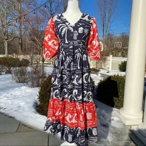 Anthropologie Place Nationale Linen Puff Sleeve Printed Midi Dress Red Small